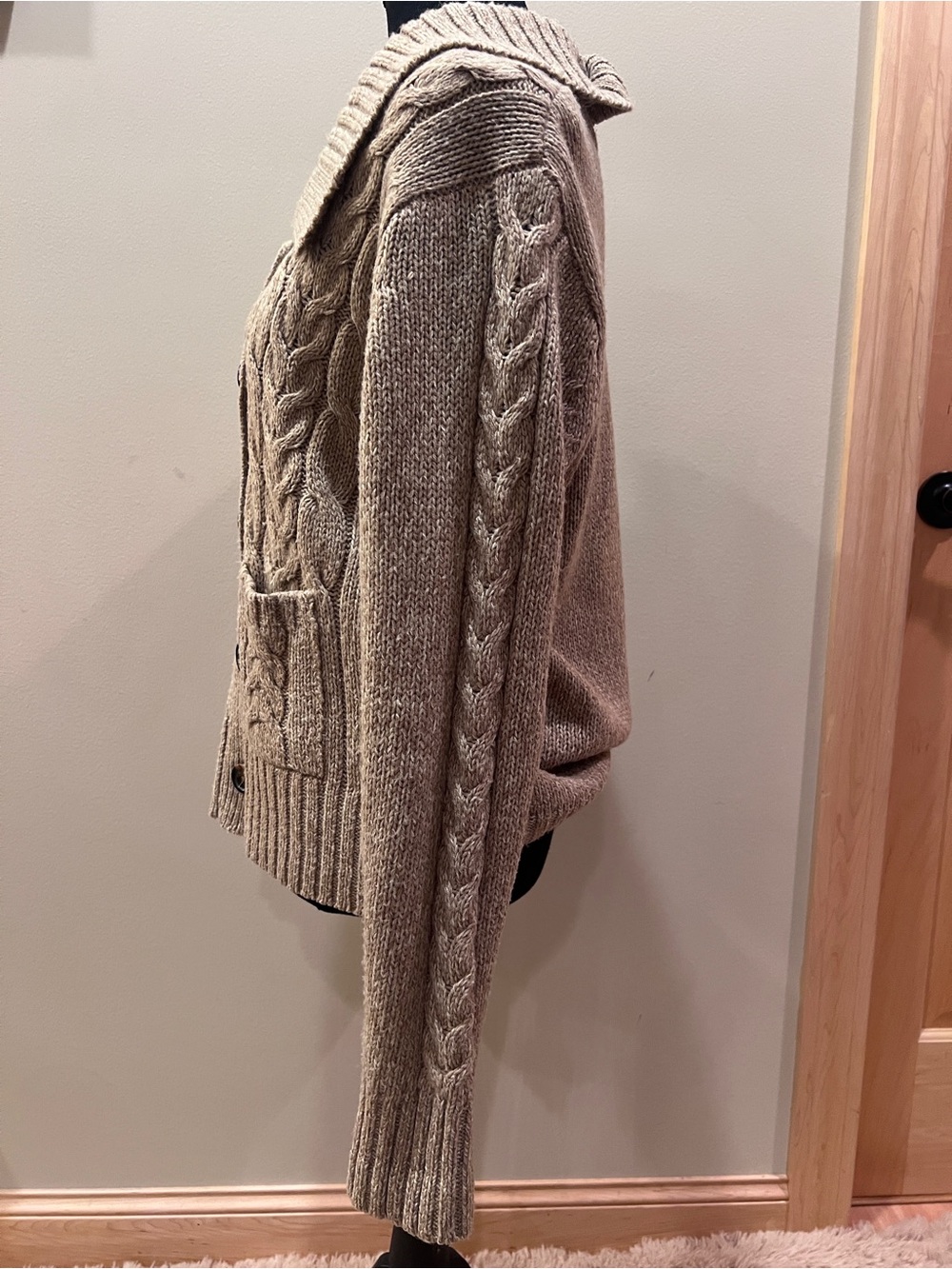 Women’s Cozy Cable Knit Tan Button Cardigan Shawl Collar Preppy Grandmacore XL - Picture 4 of 16